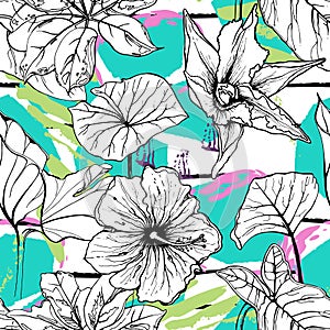 Tropical, stripe, animal motif. Seamless pattern