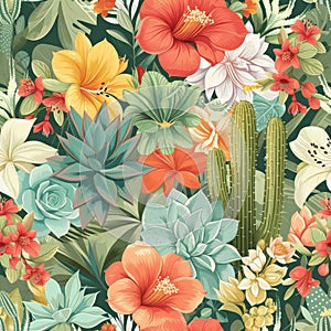 Tropical Succulent Garden Pattern with Bright Flowers and Cacti