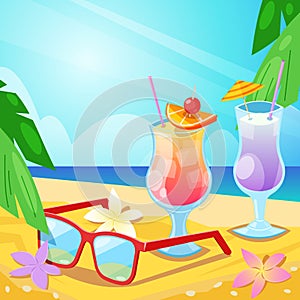 Tropical summer beach, alcohol beverages and red sunglasses on sand. Vector bar illustration.