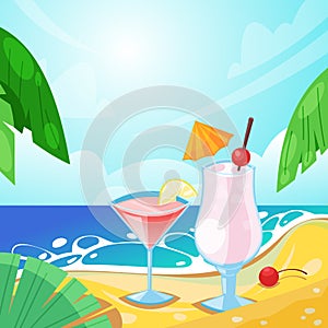 Tropical summer beach, alcohol beverages on sand. Vector bar illustration. Pina colada and cosmopolitan cocktails