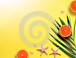 Tropical Summer Beach Background. Palm Trees Branches, tarfish, seashell and orange on yellow summer background. Travel. Summer