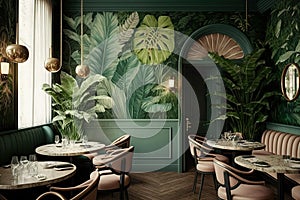 tropical summer cafe interior with soft green foliage walls jungle interior design