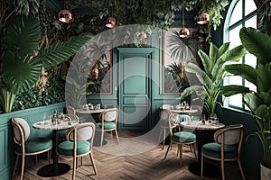tropical summer cafe interior with soft green foliage walls jungle interior design