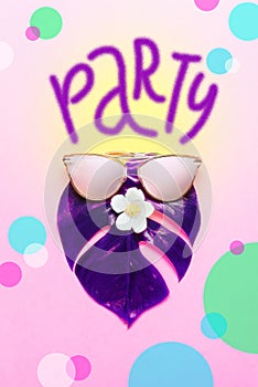 Tropical summer concept. Trandy hipster Monster in pink glasses. poster - summer party, bright background.