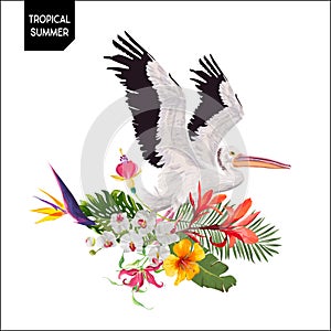 Tropical Summer Design with Pelican Bird and Exotic Flowers. Waterbird with Tropic Plants and Palm Leaves for T-shirt