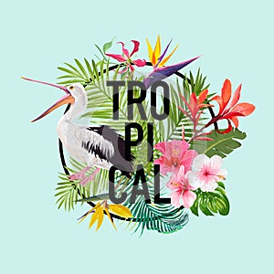 Tropical Summer Design with Pelican Bird and Exotic Flowers. Waterbird with Tropic Plants and Palm Leaves for T-shirt