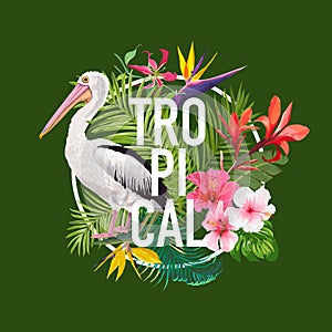 Tropical Summer Design with Pelican Bird and Exotic Flowers. Waterbird with Tropic Plants and Palm Leaves for T-shirt photo