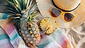 Tropical Summer Essentials Pineapple, Beach Towel, Sun Hat, and Sunglasses