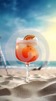 Tropical summer fruit cocktail on a sandy beach paradise background illustration.