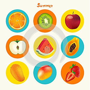 Tropical Summer Fruit Vector Icon Set