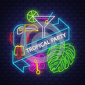 Tropical summer holiday banner. Neon banner.