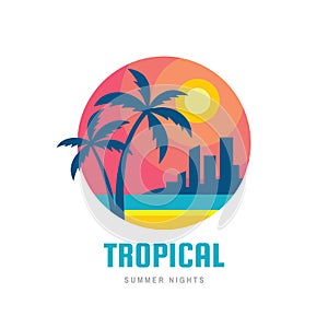 Tropical summer holiday - concept business design logo vector illustration in flat style. Paradise creative graphic badge. Palms,