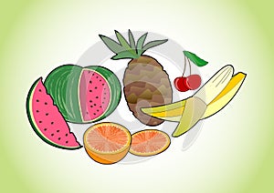 Tropical and summer juicy fruits - melon, pineapple, banana, cherry and orange