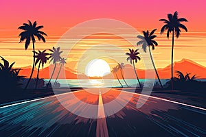 tropical summer paradise road at sunset AI generated