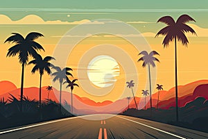 tropical summer paradise road at sunset AI generated