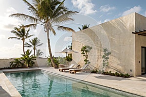 Tropical summer poolside with palm shadow photo