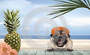 Tropical summer pug dog with orange cap, with paws on vintage green wooden table and sea and beach on background