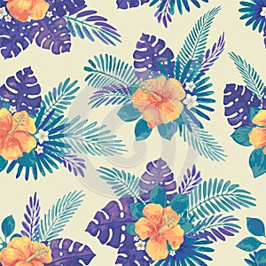 Tropical Summer seamless pattern with monstera leaves and hibiscus flowers. Bright jungle seamless background. Vivid optimistic