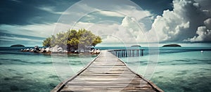 tropical summer travel and vacation. wooden pier to an island , AI Generated Image