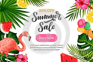 Tropical summer vector background. Sale banner, flyer or poster design template with hand drawn calligraphy lettering