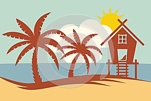 Tropical summer vector illustration - Palm tree, sun and Beach H