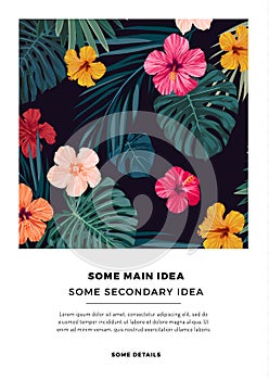 Tropical summer vector postcard design with bright hibiscus flowers and exotic palm leaves on dark background
