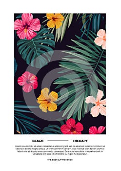 Tropical summer vector postcard design with bright hibiscus flowers and exotic palm leaves on dark background.