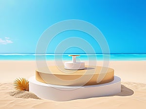 Tropical Summer Vibes: Beach Podium Mockup for Stunning Exhibitions.