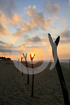 Tropical Sunrise over Fishing Net Drying Posts on Pacific Ocean