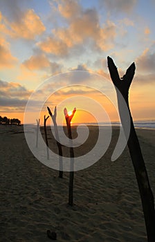 Tropical Sunrise over Fishing Net Drying Posts on Pacific Ocean