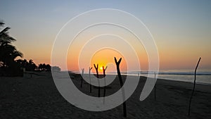 Tropical Sunrise over Fishing Net Drying Posts on Pacific Ocean