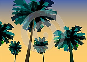 Tropical sunrise at seashore, sea landscape with palms, minimalistic illustration. Seascape sunrise or sunset. Ocean