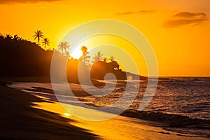 Tropical sunset at the beach with palms photo