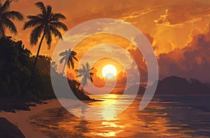 Tropical Sunset Beach Palm Trees Ocean Reflection