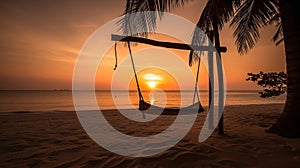 Tropical sunset beach and sky background as exotic summer landscape with beach swing or hammock and white sand and calm sea beach