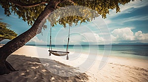 Tropical sunset beach and sky background as exotic summer landscape with beach swing or hammock and white sand and calm sea beach