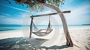 Tropical sunset beach and sky background as exotic summer landscape with beach swing or hammock and white sand and calm sea beach