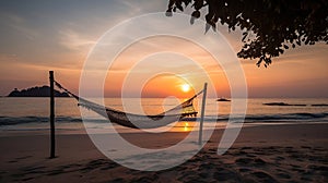 Tropical sunset beach and sky background as exotic summer landscape with beach swing or hammock and white sand and calm sea beach