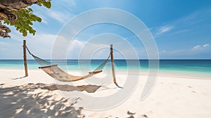 Tropical sunset beach and sky background as exotic summer landscape with beach swing or hammock and white sand and calm sea beach