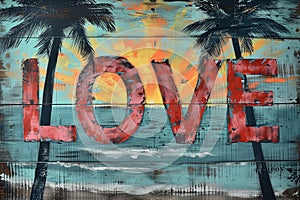 Tropical Sunset Love Street Art Mural, Valentines Day Greeting Card Artwork, Weathered Outdoor Palm Trees Painting, Romantic Words