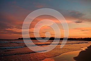 Tropical Sunset Palm Silhouette Landscape. Sri Lanka Beach