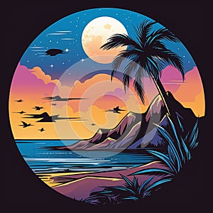 tropical sunset with palm trees and a moon over the ocean