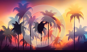 a tropical sunset with palm trees silhouetted against a colorful sky