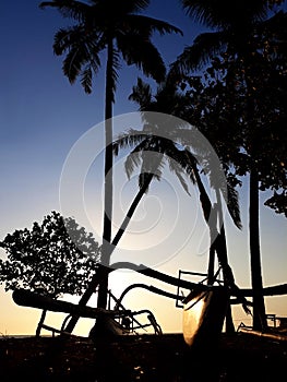 Tropical sunset with palms silhouette and catamaran