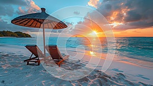 Tropical Sunset Relaxation: Two Deckchairs under a Parasol on a Beach