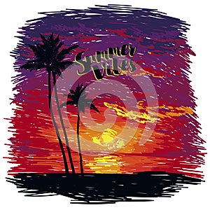 tropical sunset in sketch style, vector illustration