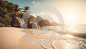 Tropical sunset, tranquil water, sandy beach, palm tree, serene coastline generated by AI