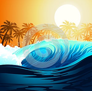 Tropical surfing wave at sunrise with palm trees