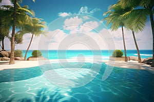 tropical swimming pool with ocean and blue sky background ai generated