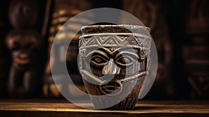 Tropical Symbolism Carved Mask On Table With African Patterns